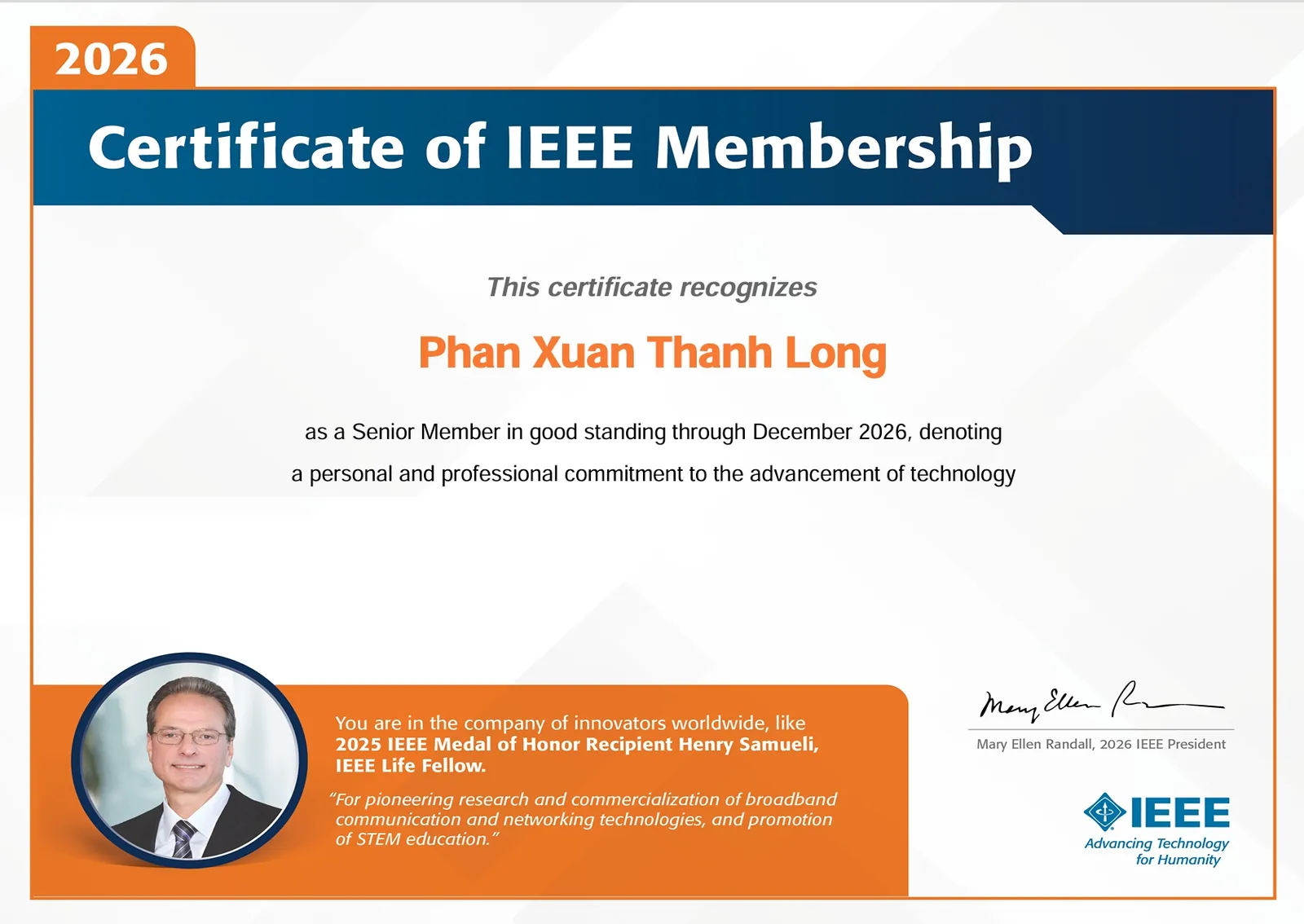 IEEE Senior Member certificate, in good standing through December 2026