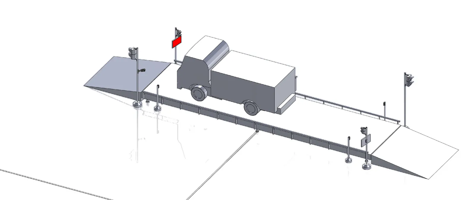 3D model of the weighbridge with traffic lights, barriers and a truck on the deck